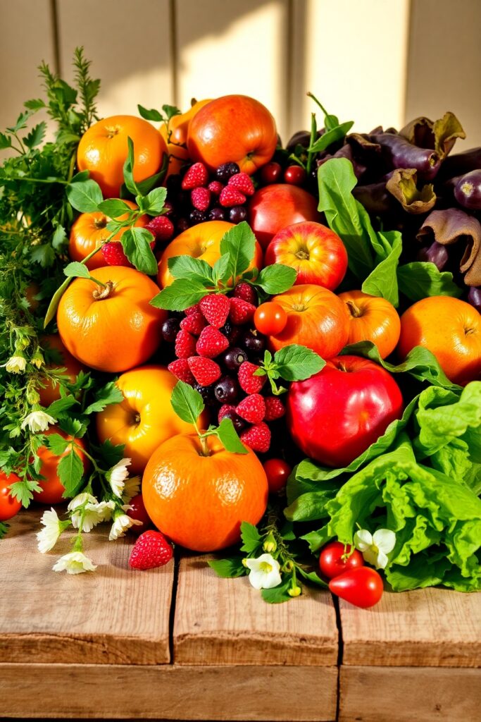 Fresh Fruits and Vegetables Displayed Beautifully – free AI stock image