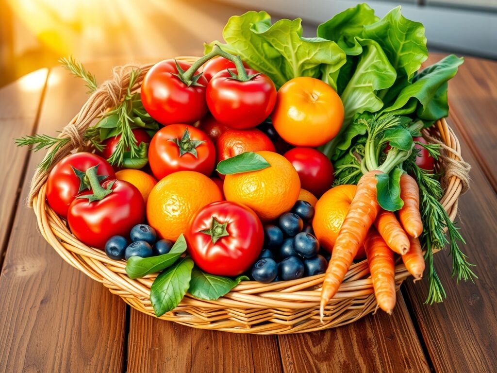 Fresh Fruits and Vegetables in a Basket – free AI stock image