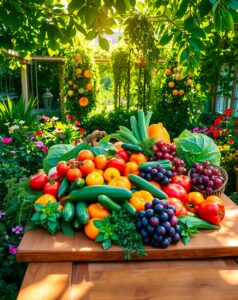 Fresh Fruits and Vibrant Vegetables Spread – free AI stock image