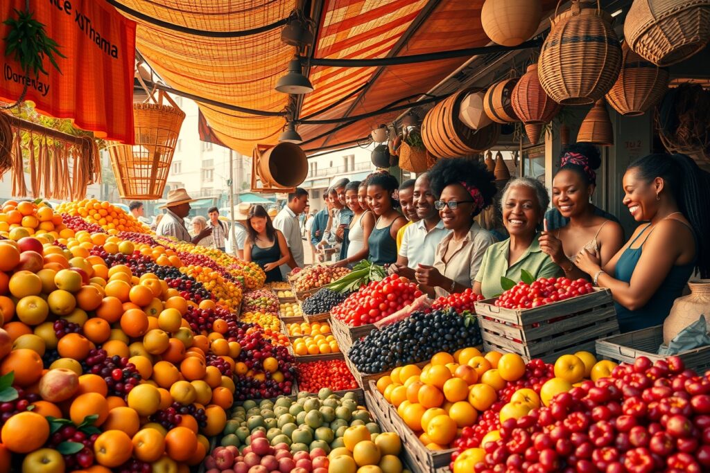 Fresh Fruits in a Vibrant Market Setting – free AI stock image