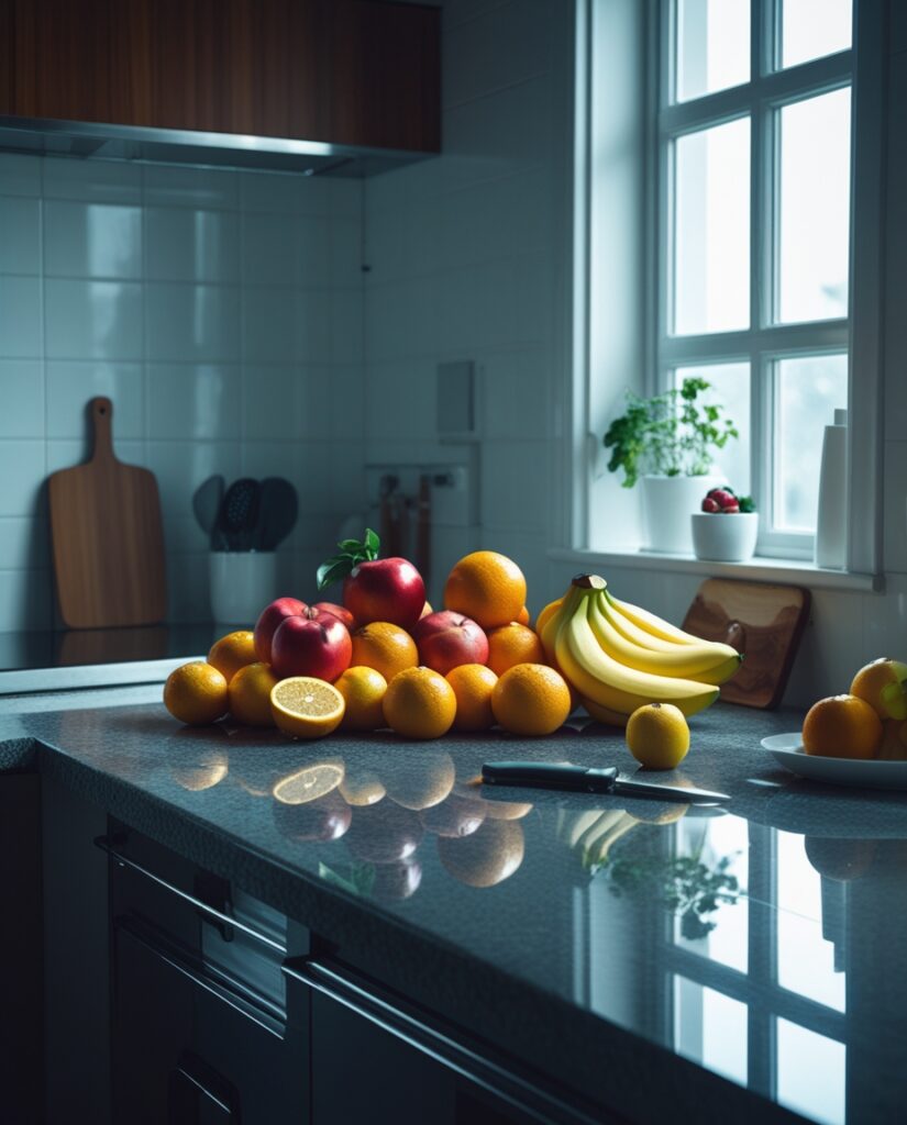 Freshly Cleaned Kitchen Countertop with Fruits – free AI stock image