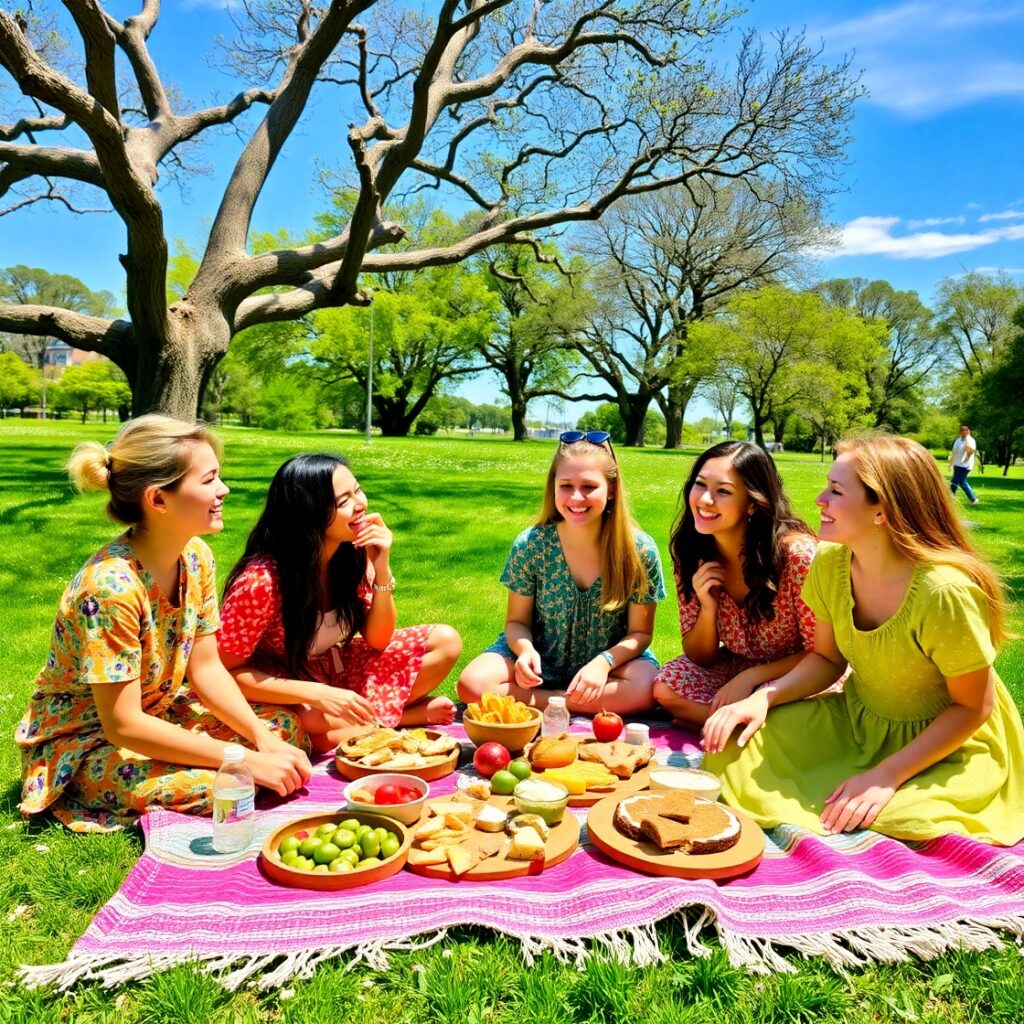 Friends Enjoying a Sunny Outdoor Picnic – free AI stock image
