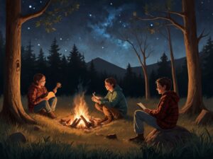 Friends Gathering Around a Campfire at Night – free AI stock image