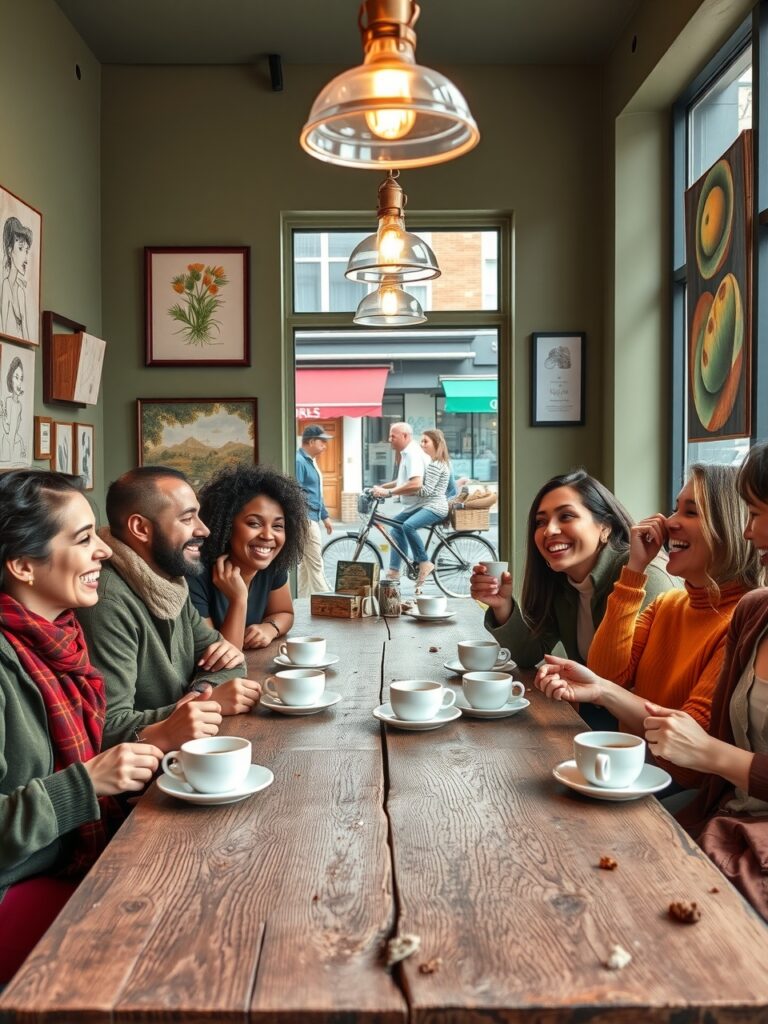 Friends Gathering at a Cozy Café – free AI stock image