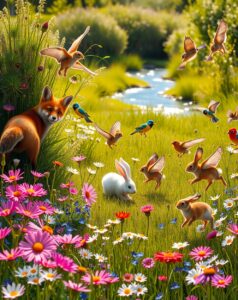 Frolicking Animals in a Vibrant Meadow – free AI stock image