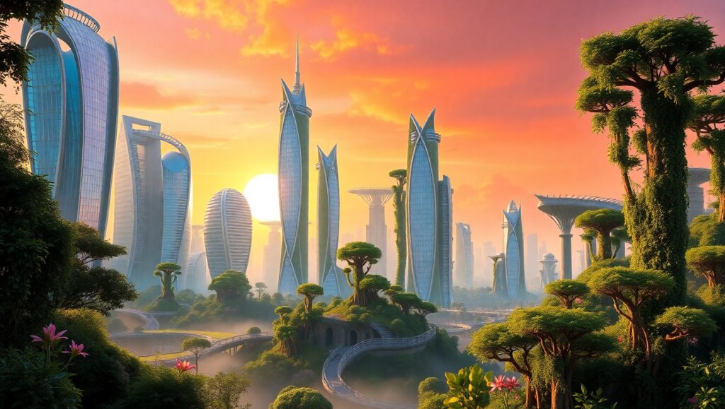 Futuristic Biophilia Meets Ancient Ruins – free AI stock image