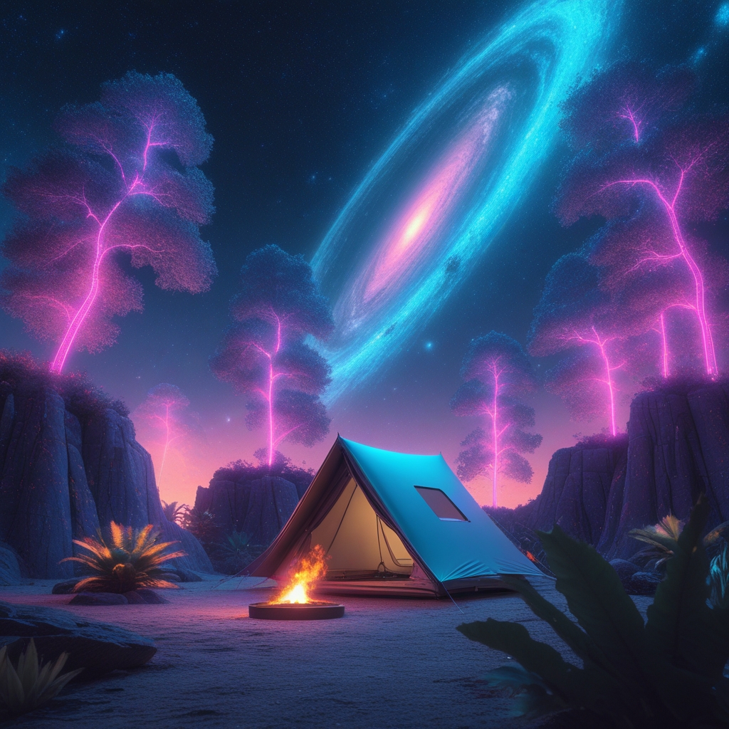 Futuristic Camping Under Neon Skies – free AI stock image
