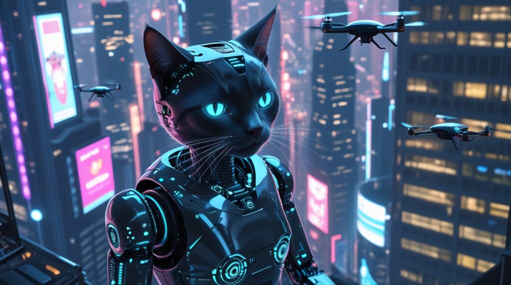 Futuristic Cat Robot in a Neon City – free AI stock image