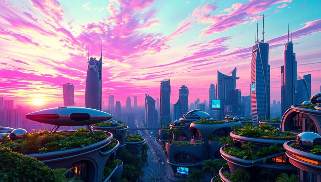 Futuristic City at Dusk – free AI stock image