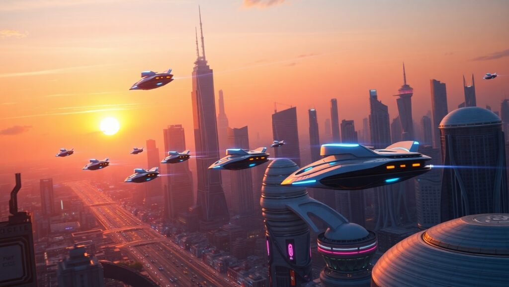Futuristic City at Sunset 0js – free AI stock image