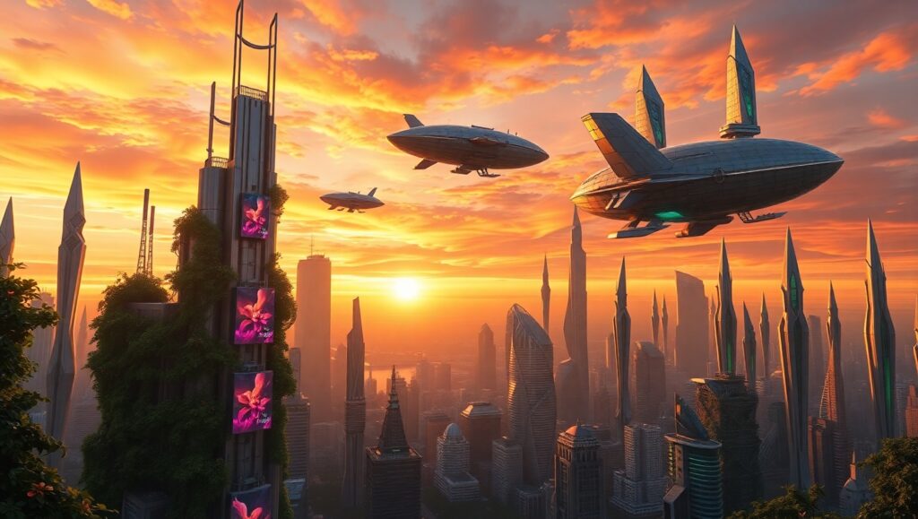 Futuristic City at Sunset – free AI stock image