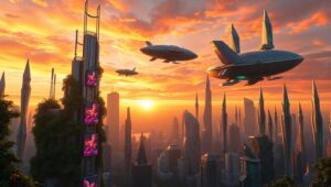 Futuristic City at Sunset – free AI stock image