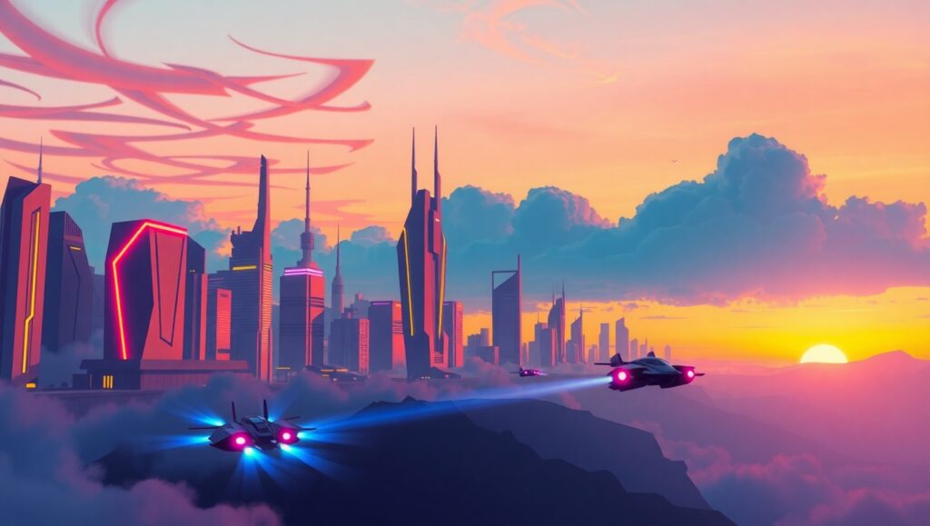 Futuristic City at Sunset – free AI stock image