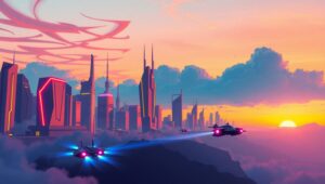 Futuristic City at Sunset – free AI stock image