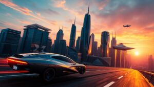 Futuristic City at Sunset – free AI stock image