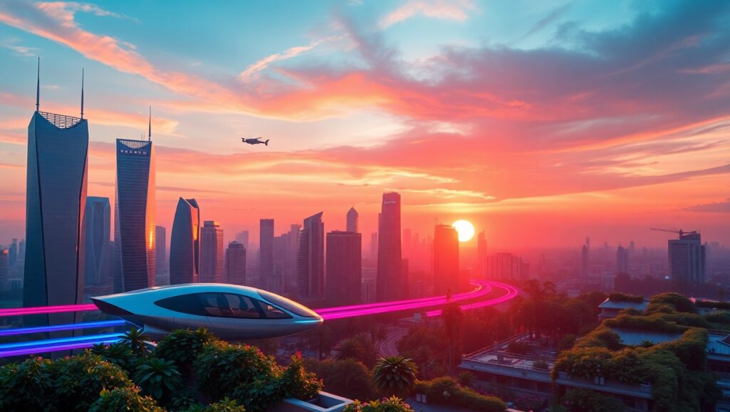 Futuristic City at Sunset 1Vg – free AI stock image