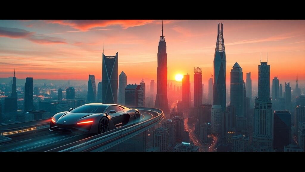 Futuristic City at Sunset – free AI stock image