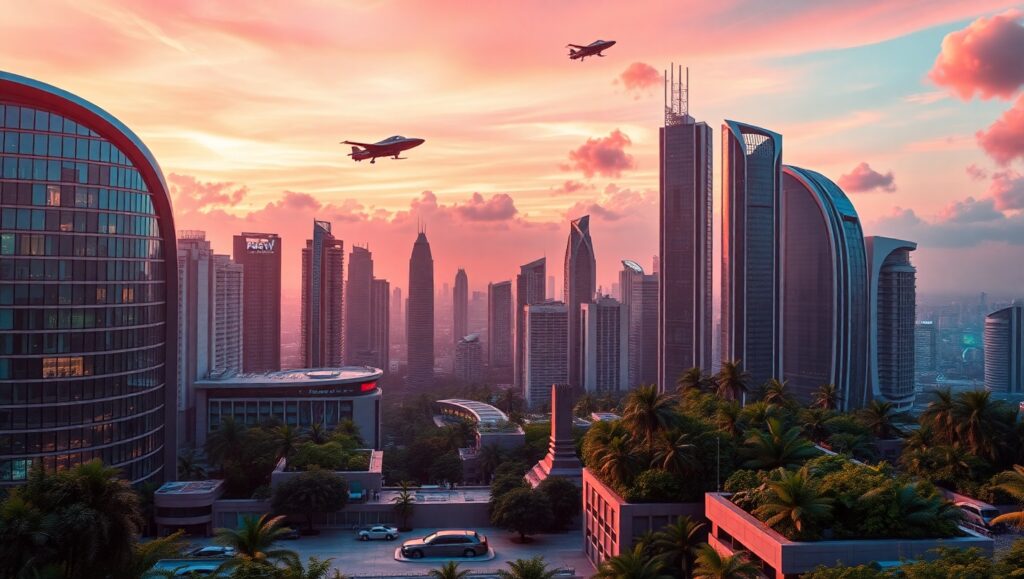 Futuristic City at Sunset – free AI stock image