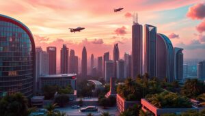 Futuristic City at Sunset – free AI stock image