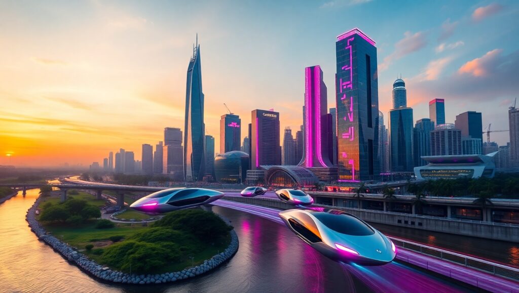 Futuristic City at Sunset 6xX – free AI stock image