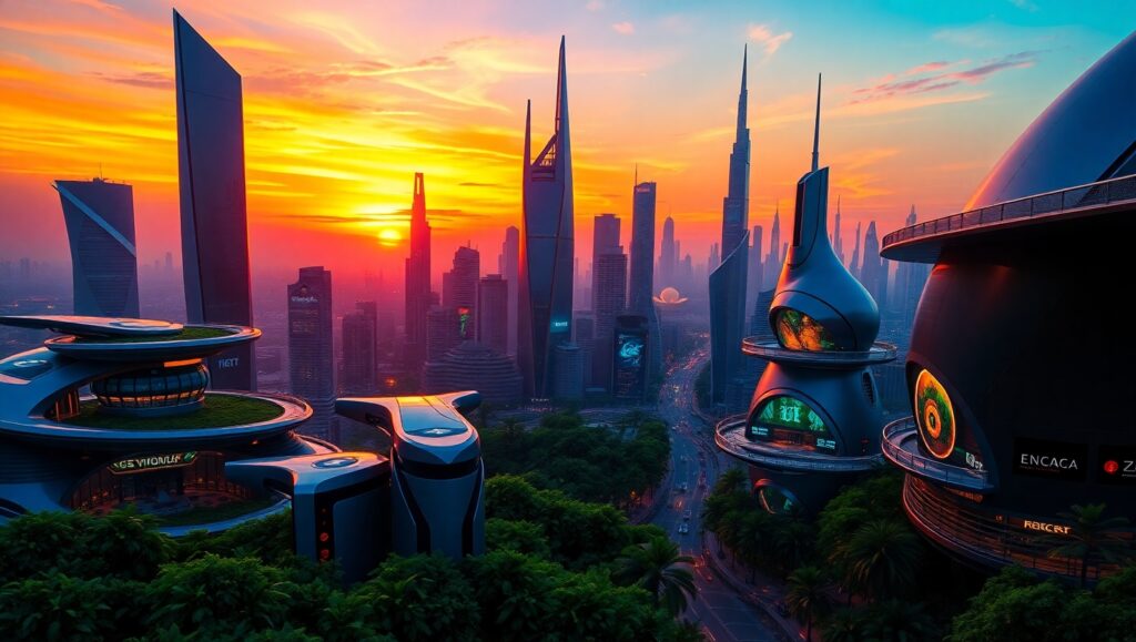 Futuristic City at Sunset – free AI stock image
