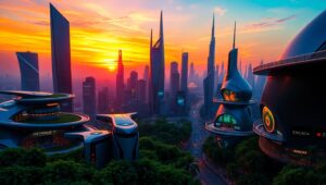 Futuristic City at Sunset – free AI stock image