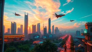 Futuristic City at Sunset – free AI stock image