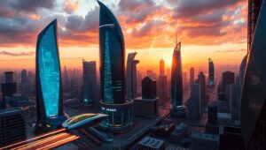 Futuristic City at Sunset R5h – free AI stock image