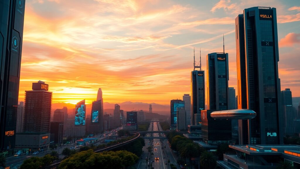 Futuristic City at Sunset W0Q – free AI stock image