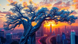 Futuristic City Beneath a Giant Tree – free AI stock image