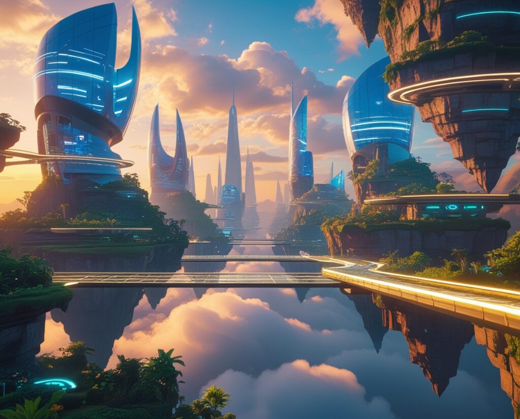 Futuristic City Built Among Floating Islands – free AI stock image