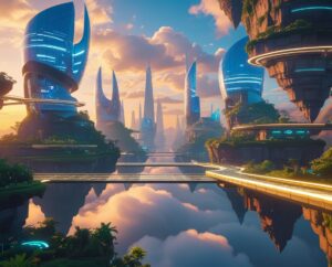 Futuristic City Built Among Floating Islands – free AI stock image