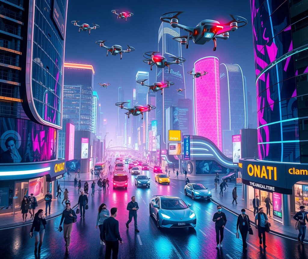 Futuristic City with Flying Cars and Drones – free AI stock image