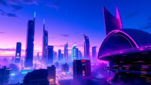 Futuristic City in Glitch Style – free AI stock image