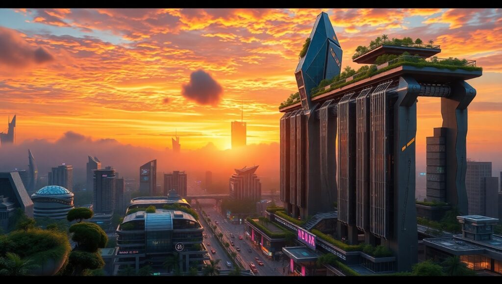 Futuristic City Meets Nature – free AI stock image