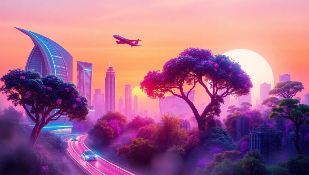 Futuristic City Meets Nature’s Embrace – free AI stock image