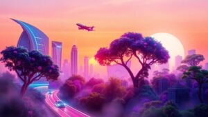 Futuristic City Meets Nature’s Embrace – free AI stock image