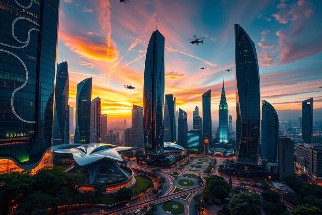 Futuristic City Skyline at Dusk – free AI stock image