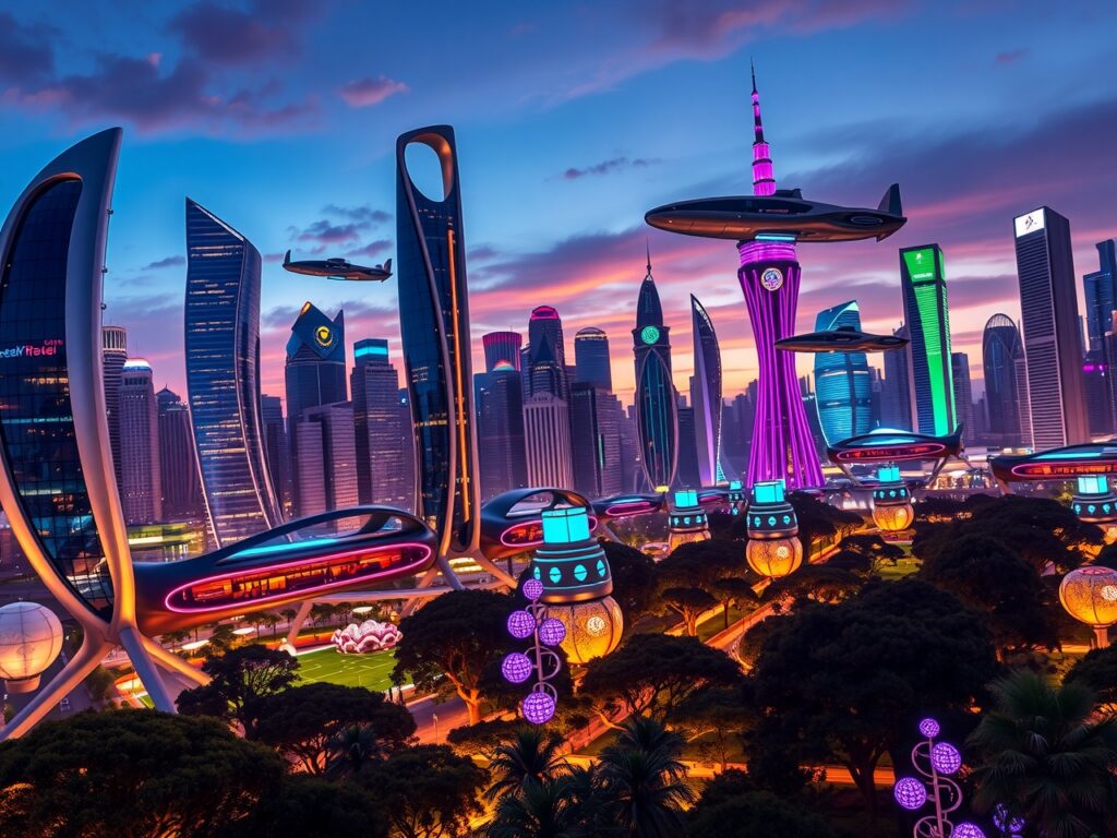 Futuristic City Skyline at Dusk – free AI stock image