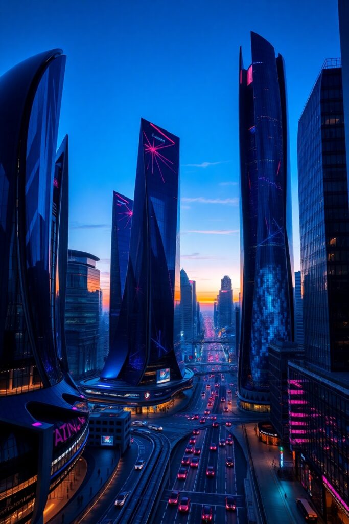 Futuristic City Skyline at Dusk – free AI stock image