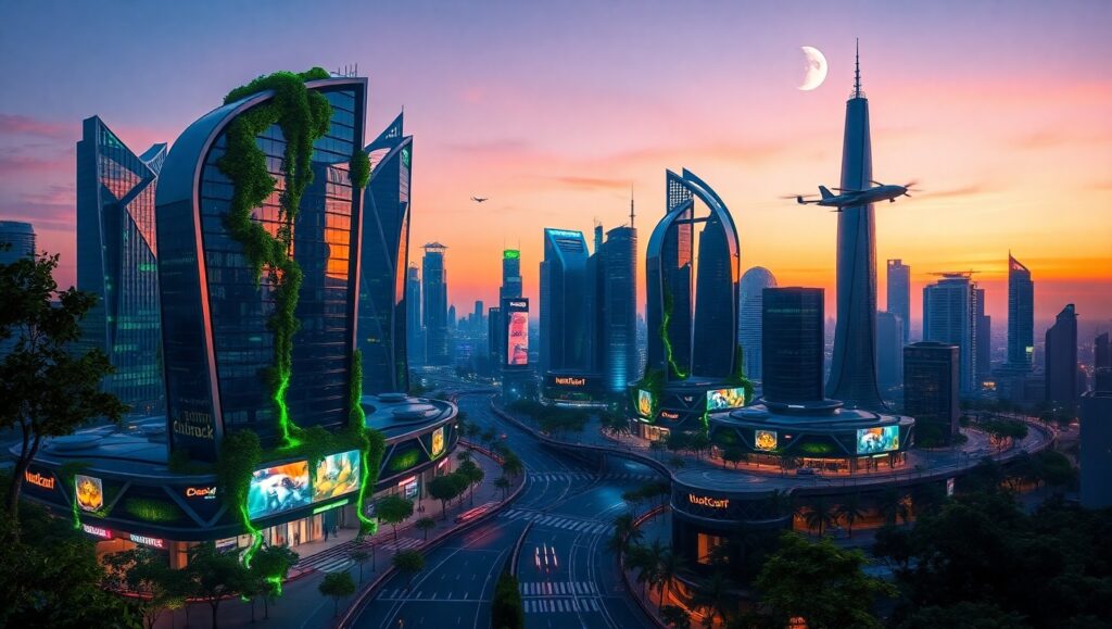 Futuristic City Skyline at Dusk d9n – free AI stock image