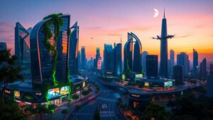 Futuristic City Skyline at Dusk d9n – free AI stock image