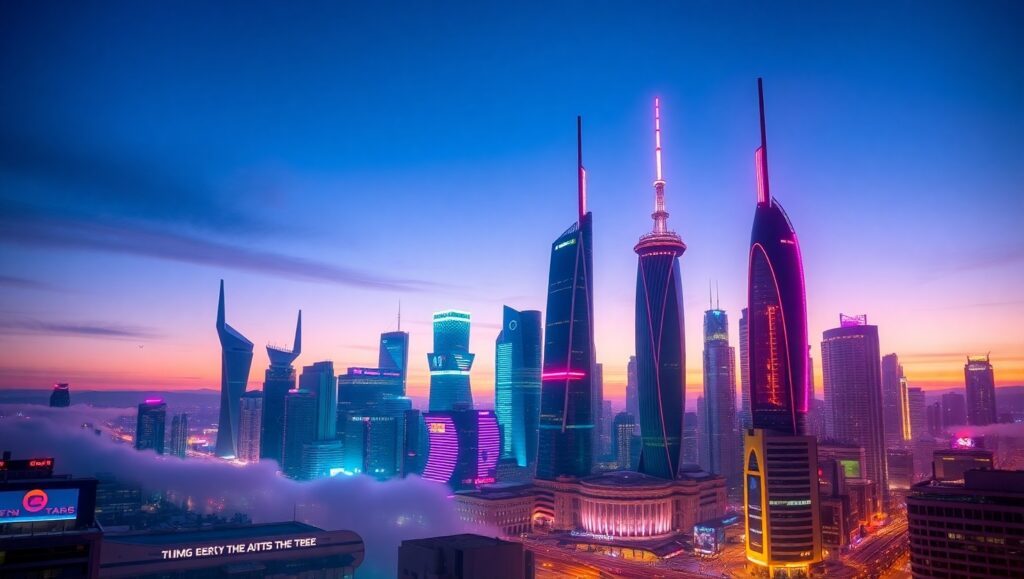 Futuristic City Skyline at Dusk O6e – free AI stock image