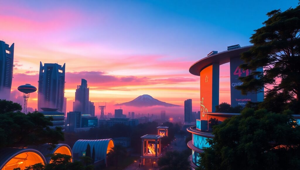 Futuristic City Skyline at Sunset – free AI stock image