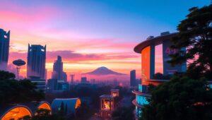 Futuristic City Skyline at Sunset – free AI stock image