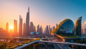 Futuristic City Skyline at Sunset yq5 – free AI stock image