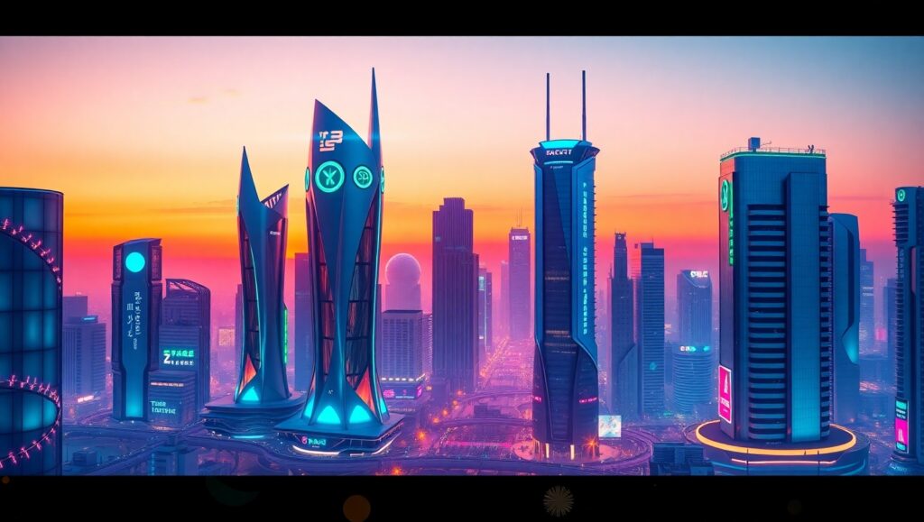Futuristic City Skyline in Flat Design – free AI stock image