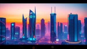 Futuristic City Skyline in Flat Design – free AI stock image