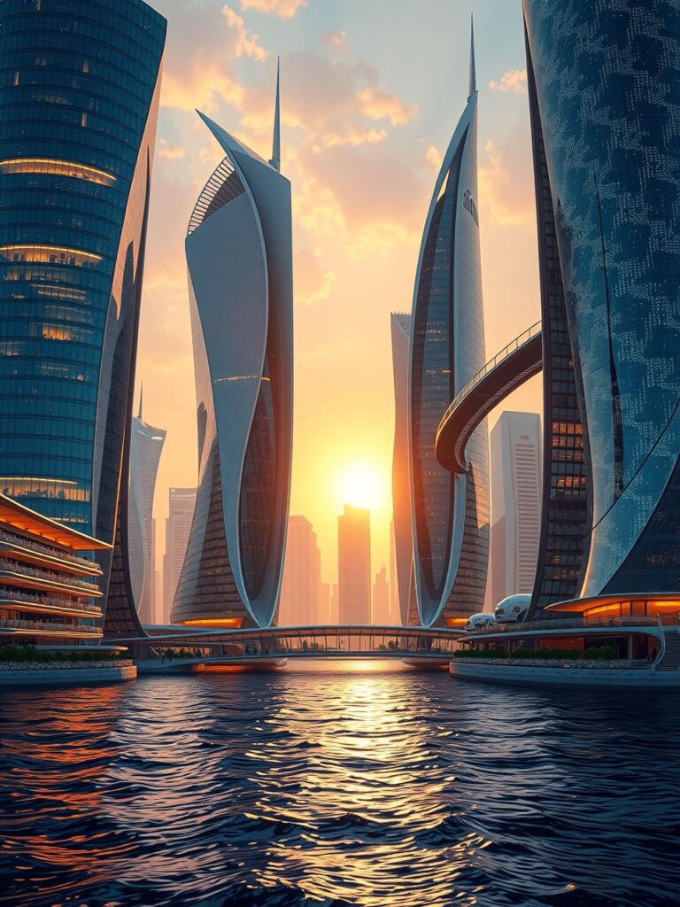 Futuristic City Skyline with Curved Architecture – free AI stock image
