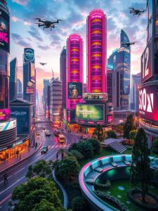 Futuristic City Thriving with Technology – free AI stock image